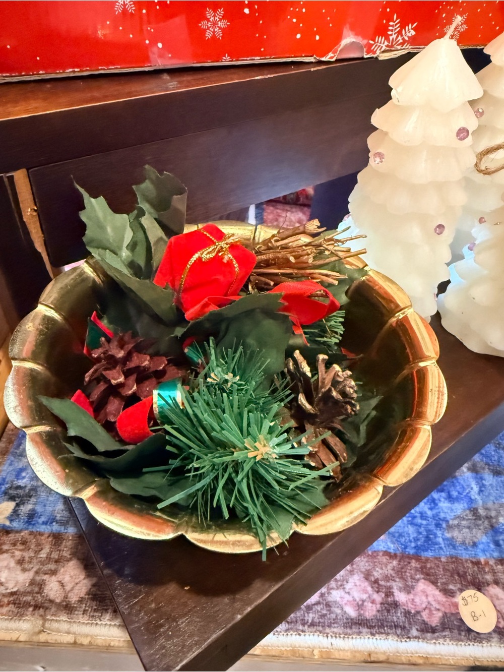 Brass Bowl with Decorative Red Floral,  pine cones and greenery